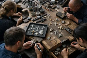 Artisans carefully hand-polish custom crosses and religious pendants in a state-of-the-art metalworking studio designed for luxury jewelry production.