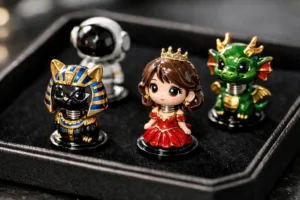 A vivid view of premium bobblehead pins arranged on a velvet tray, showing off their craftsmanship and collectible appeal under bright lighting.