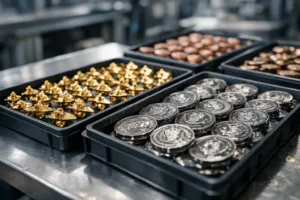 A detailed view of bulk-ordered metal crafts showcasing craftsmanship, scale, and consistency for non-profit fundraising or awareness events.