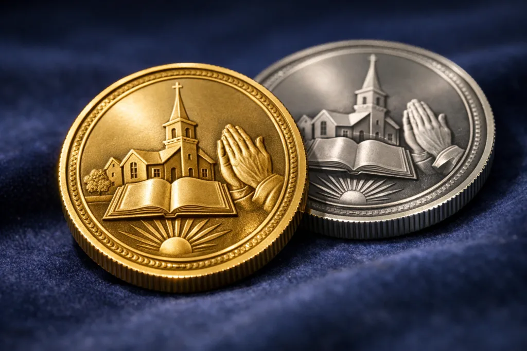 church anniversary commemorative coins closeup church anniversary commemorative coins closeup