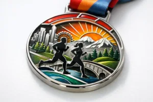 A highly creative half marathon medal on display, highlighting its detailed silhouette and premium colored enamel fill. The image captures the medal’s aesthetic appeal for runners and collectors.