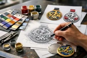 A professional medal designer sketches custom 5K race medal concepts with real samples, showing the creative process and attention to detail.