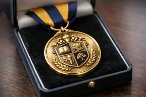 A photorealistic image showing a highly-detailed school graduation medal, symbolizing academic achievement and institutional pride.