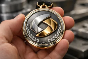 This image depicts a freshly finished custom medal with a bold, raised logo, reflecting how branded medals are used for awards in corporate and sports contexts.