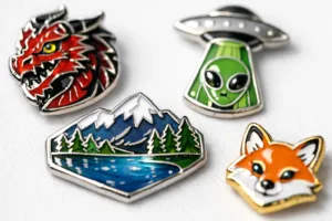 A detailed photograph showing various soft enamel trading pins with raised metal lines and bright enamel, emphasizing their collectible and affordable appeal.