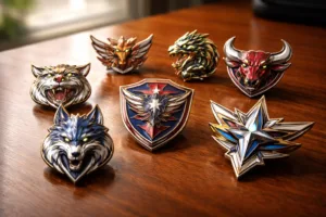 A bright, inviting image showing detailed team pins with custom logos, names, and numbers, hinting at the variety in design and craftsmanship.