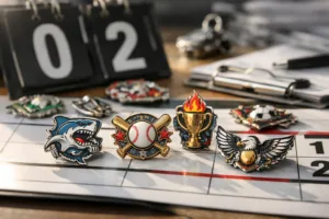 This image captures the careful process of sorting custom tournament pins to ensure accurate distribution and event readiness.