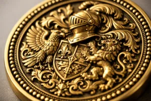 A close-up image showing the precise raised details and smooth surface of a premium die struck brass medallion, highlighting manufacturing quality.