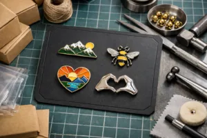 Artisan-crafted fundraising pins arranged on a display card, highlighting the importance of premium materials and meticulous presentation for non-profits maximizing ROI.
