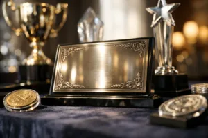 A stunning showcase of premium metal gifts—engraved plaques, trophies, and commemorative coins—presented in an elegant setting to honor distinguished donors.