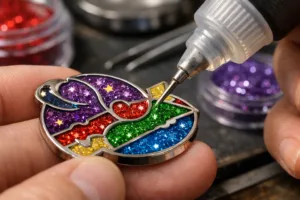 This photo shows expert hands filling a custom-shaped trading pin with vibrant glitter enamel. Studio lighting highlights the shimmer, while the scene reflects the meticulous quality standards in pin manufacturing.
