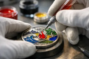 An artisan meticulously hand-fills and colors recessed spaces in a premium zinc alloy metal coin, exemplifying the artisanal touch of hand-filling enamel colors.