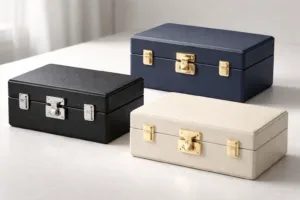 A clean and professional display of premium packaging boxes demonstrating different zinc alloy clasp and box lock hardware options in a studio environment.
