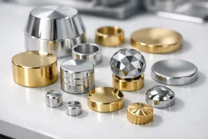 A pristine zinc alloy decorative bottle cap and branded box hardware displayed to illustrate flawless versus defective plating in a technical and clean environment.