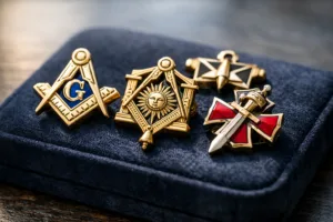 High-resolution shot featuring signature Masonic symbols on various lapel pins, artfully arranged on a premium velvet tray to show quality and heritage.