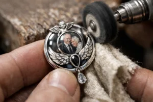 A jeweler meticulously polishes a custom memorial pin designed for funeral services, highlighting attention to emotional significance and quality.