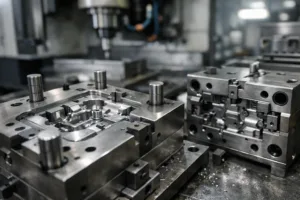 High-precision mold making is the foundation of realistic MOQ for custom zinc alloy packaging parts, shown in a clean, technical workshop.