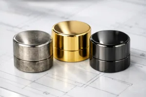 Macro photography of zinc alloy packaging accessories demonstrating typical antique silver, gold, and gunmetal electroplating finishes. Gloss, highlights, and surface details are clearly visible under bright lighting.