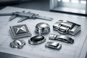 A photography-style image showing zinc alloy packaging hardware samples ready for dimensional and surface quality approval, highlighting several critical steps in the sample process.