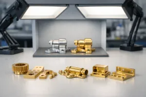 Multiple zinc alloy plated components being visually matched with a physical master sample under D65 daylight conditions, ensuring precise color specification and no batch mismatch.