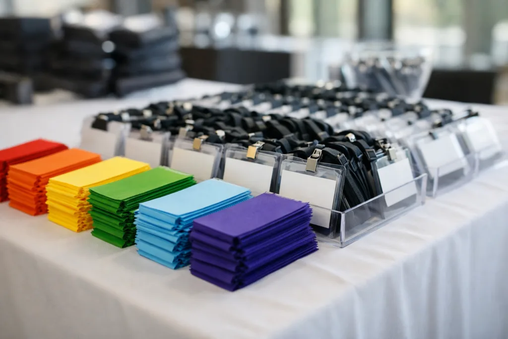 badge ribbons events registration table