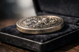 A striking custom medallion coin with detailed 3D engraving and antique finish, presented on a plush velvet box to highlight design and packaging quality.