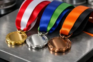 Highly detailed ribbons joined to medals reveal the crucial role of neck ribbons for medals in event branding, with textures and colors in focus.