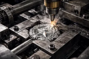 A precise industrial die casting machine creating custom medals with intricate 3D detail, highlighting the main theme of die cast medals explained.