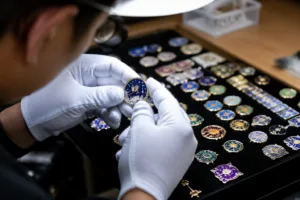 A professional artisan checks the color and metal quality of enamel pins, highlighting the precise QC standards in manufacturing.