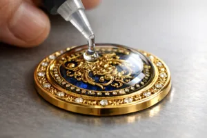 A detailed view of an epoxy dome being skillfully applied to a custom metal medallion, emphasizing the high gloss and protective barrier provided for metal crafts.