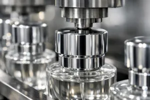 A detailed shot showing perfume bottle caps being inspected for dimensional tolerances, demonstrating engineering precision vital to brand quality.