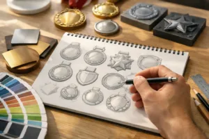 A designer explores shapes, motifs, and sizes during the earliest conceptual stage of turning an idea into a finished medal.
