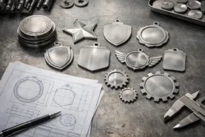 A selection of custom medals made from different metals sits beside raw metal samples, highlighting distinctions in award design and materials.