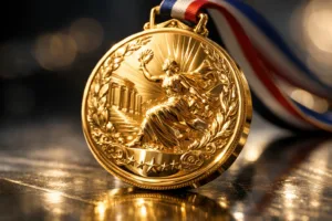 A detailed photograph of a gold Olympic-style medal, capturing the craftsmanship and material excellence that influence custom medal design trends.