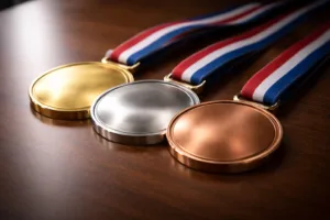 This image depicts gold, silver, and bronze Olympic medals displayed under soft lighting, focusing on their core and surface material differences.