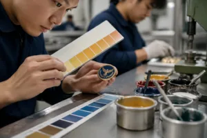 Artisans compare Pantone chips to enamel colors during badge production, ensuring color consistency in metal craft.