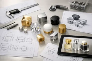 A clean, detailed workspace displaying custom perfume cap samples, technical drawings, and engineering tools, illustrating the importance of proper RFQ specification for OEM production.