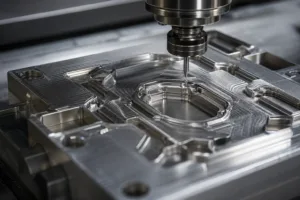 This image shows a CNC machine meticulously engraving a metal mold, illustrating the careful precision required in mold creation—a key driver of mold fees and setup costs.