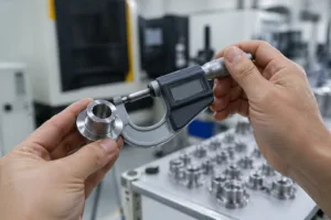 An engineer checks the tolerance of a metal piece with a digital micrometer, visually representing the precision required in metal manufacturing.