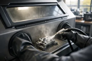 A sandblasting machine treating a metal part in a bright, tidy industrial workspace, showing the process and tools used in surface preparation.
