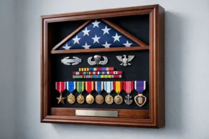 Scene shows a meticulously arranged military medal shadow box made of dark wood and glass, medals and nameplate beautifully displayed. Lighting highlights the craftsmanship.