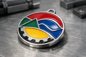 A high-detail image of a custom soft enamel medal, highlighting its raised metal borders and vivid colored enamel. Professional studio, neutral light.