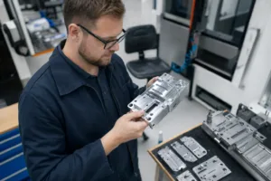 A skilled factory technician inspects a metal sample proof under bright lighting, representing the role of proofs in ensuring mass production quality.