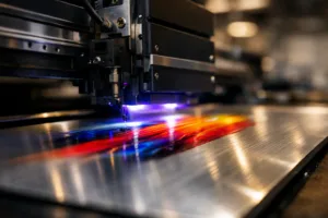 This image displays the high-precision process of UV printing on metal, showing vivid ink placement and the flawless finish essential in modern manufacturing.