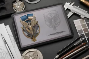 A digital designer's workspace displays vector artwork for a metal craft, surrounded by precision tools and color swatches, illustrating meticulous preparation for production.
