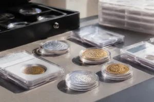 A crystal-clear view showcases acrylic-encased collectible coins, highlighting their pristine condition and display quality.