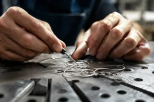 An artisan craftsman skillfully forming smooth wire lines, showcasing the beginning of minimalist line art in metal crafts.