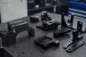 A realistic manufacturing scene showing black plated metal parts being inspected for finish uniformity, edge quality, and surface consistency.