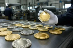A realistic manufacturing scene showing premium custom metal service awards inspected for finish, detail, and presentation quality.