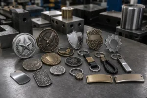A realistic manufacturing table displaying several common custom metal product categories used in B2B sourcing.